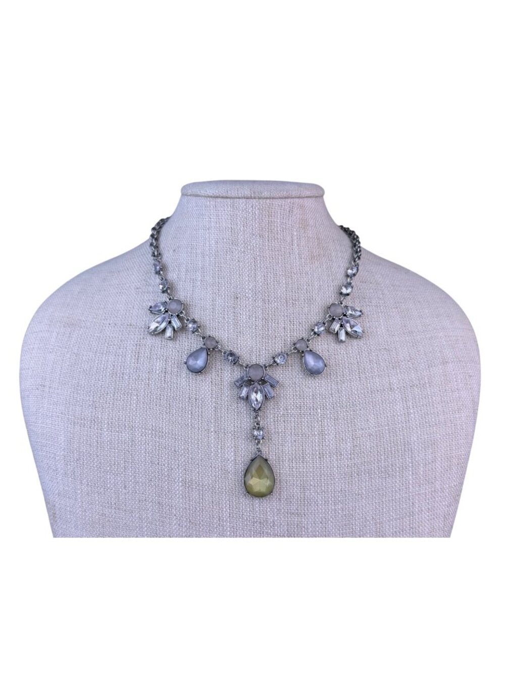 Loft Womens Silver Tone Pendant Necklace Adjustable Green & Crystal Beads